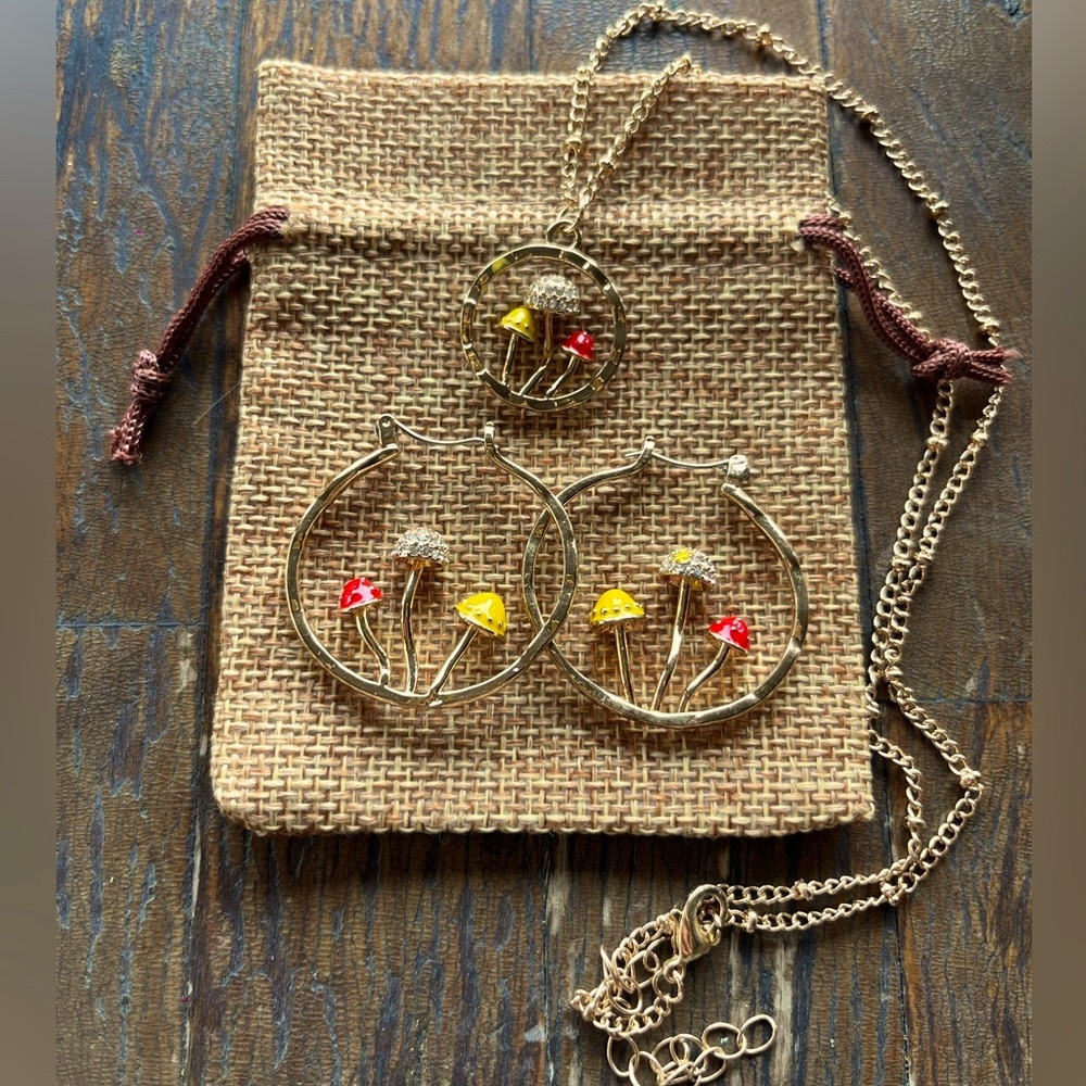 Brand New Gold Mushroom Necklace and Mushroom Hoop Earrings Gift for Girlfriend